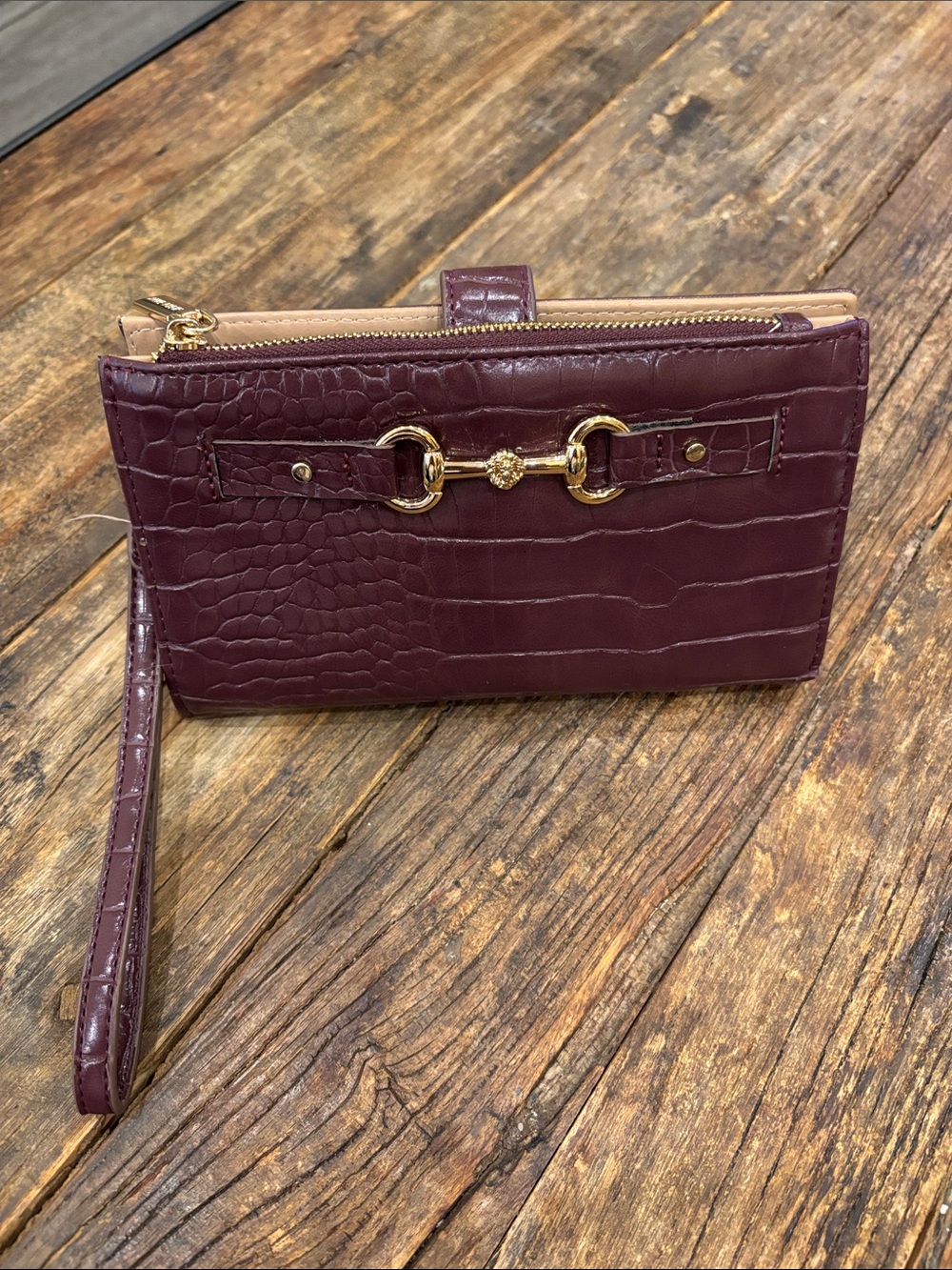 Anne Klein Croc-Embossed Wristlet Clutch in Burgundy with Gold Hardware